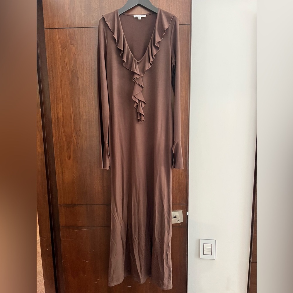 Reformation Brown Ruffle Long Sleeve Dress